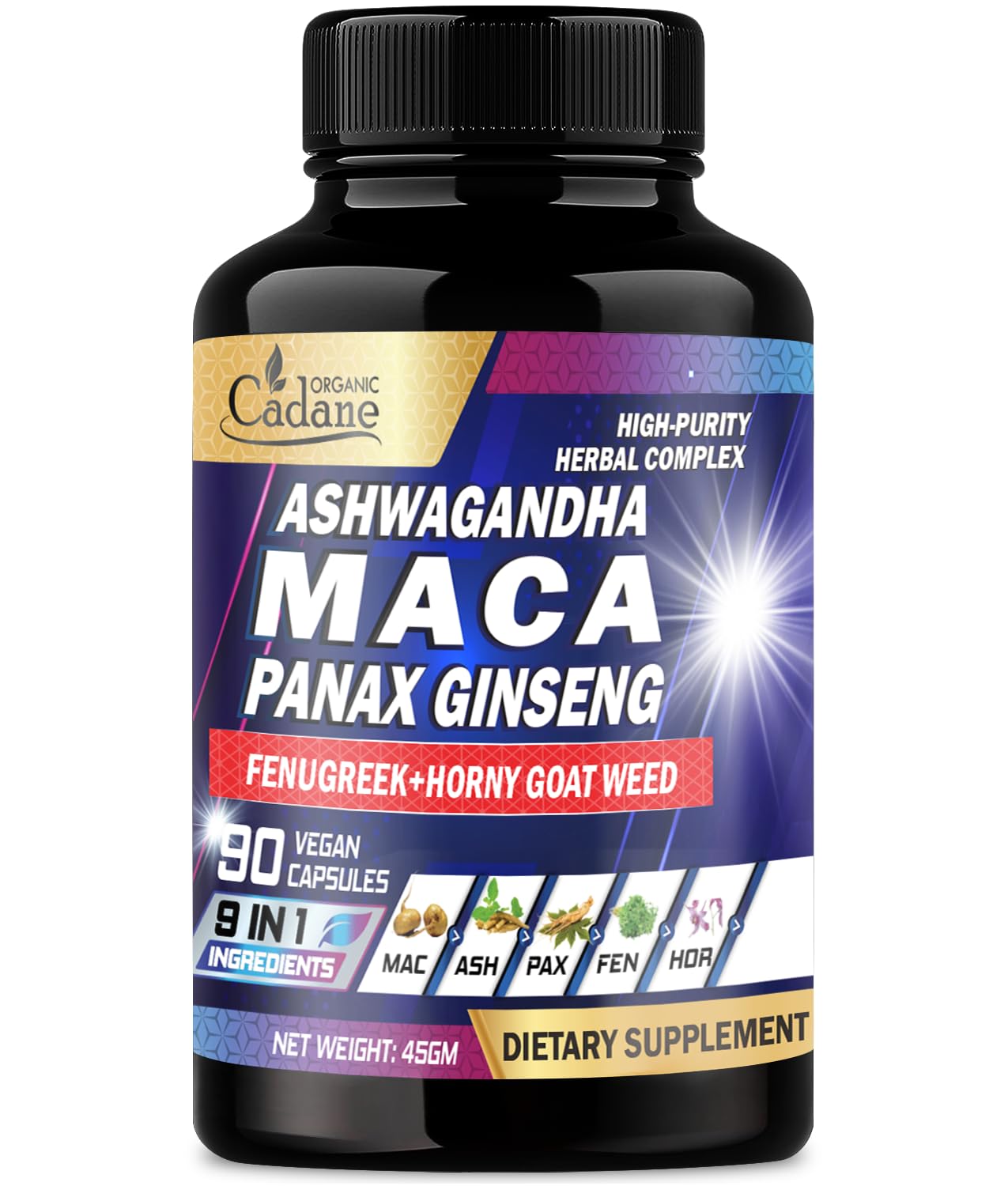 Organic Cadane Maca Root, Ashwagandha, Panax Ginseng Supplement - 90 Capsules 3 Months with Fenugreek, Tongkat Ali & More - Support Energy Production & Immunity