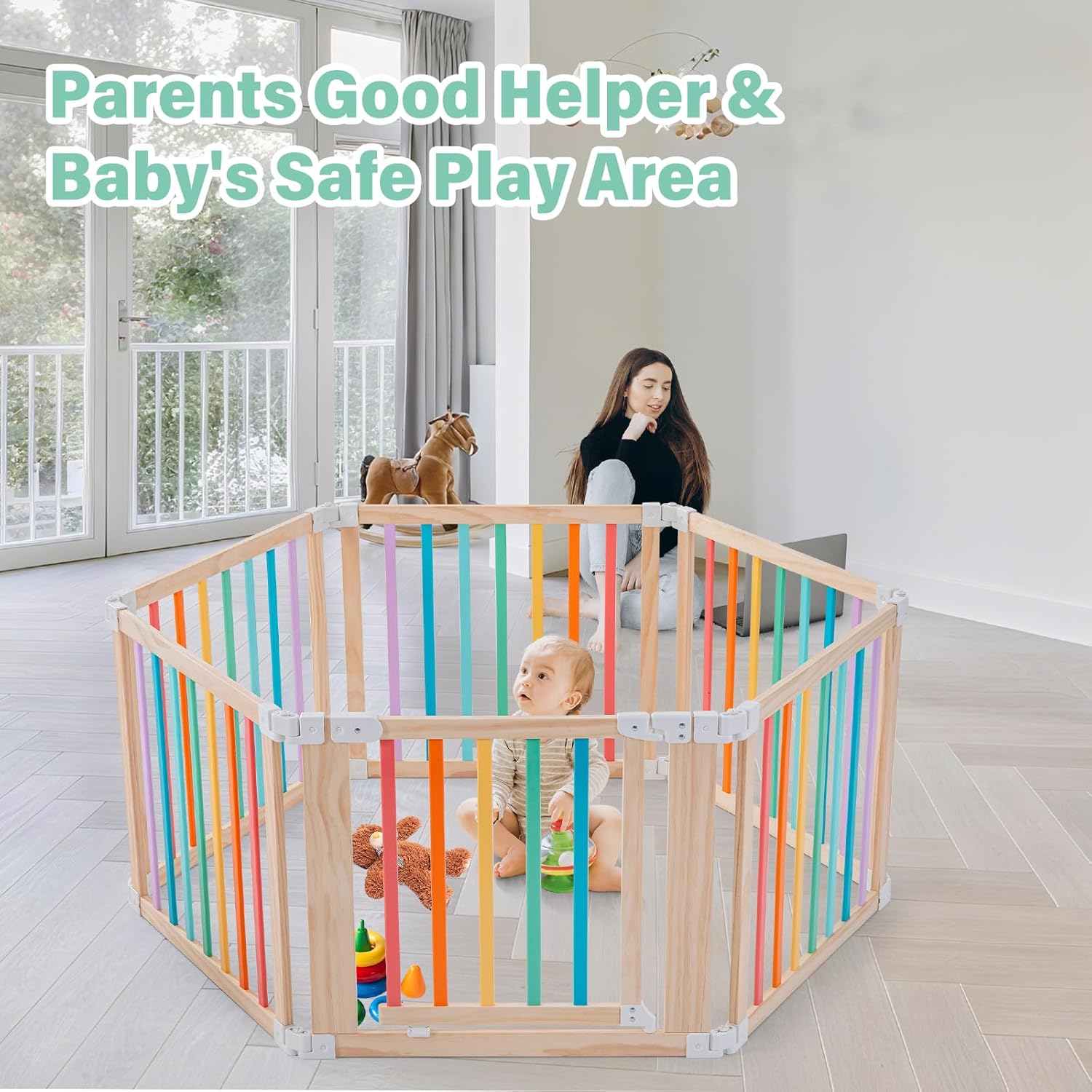 Foldable Wooden Playpen-51x51x25in-Large Baby Gate Playpen with Child-Proof Lock-Easy Assembly, Portable Design for Babies & Toddlers- Shape& Size Adjustable Baby Fence Play Area(Multicolor, 6 Panel)