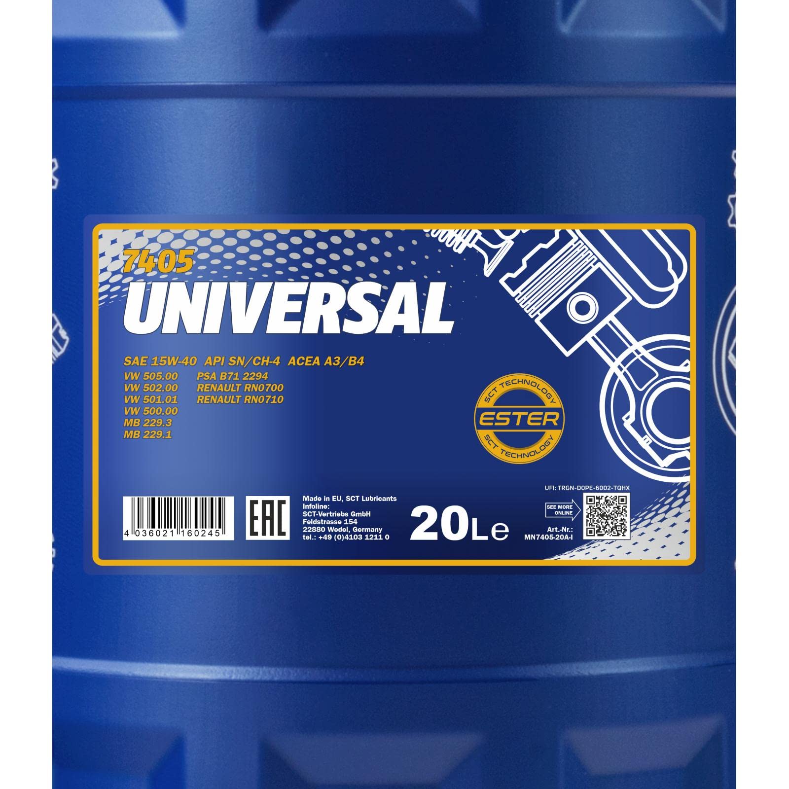 MANNOL 7405 Motoröl 15W-40 mineralisch für Benzin- und Dieselmotoren, 20L | Mineralisches Motorenöl, erfüllt API SN, ACEA A3/B4, MB 229.3, VW 502 00, PSA B71 2294, für PKW, Geländewagen und Minibusse