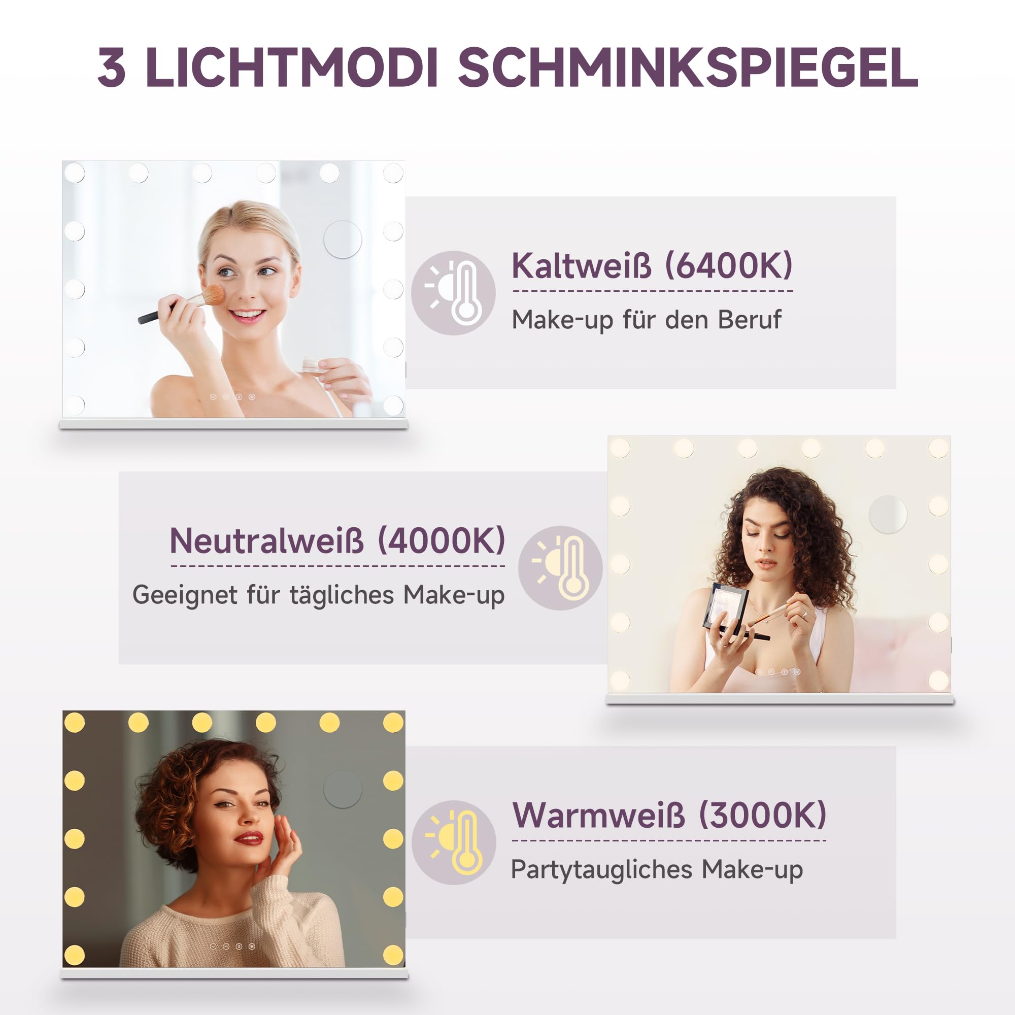 SONNI Specchio Hollywood con illuminazione, 80 x 60 cm, specchio da trucco con Bluetooth e porta di ricarica USB, 14 lampade LED, grande specchio cosmetico con 3 temperature di colore e lente