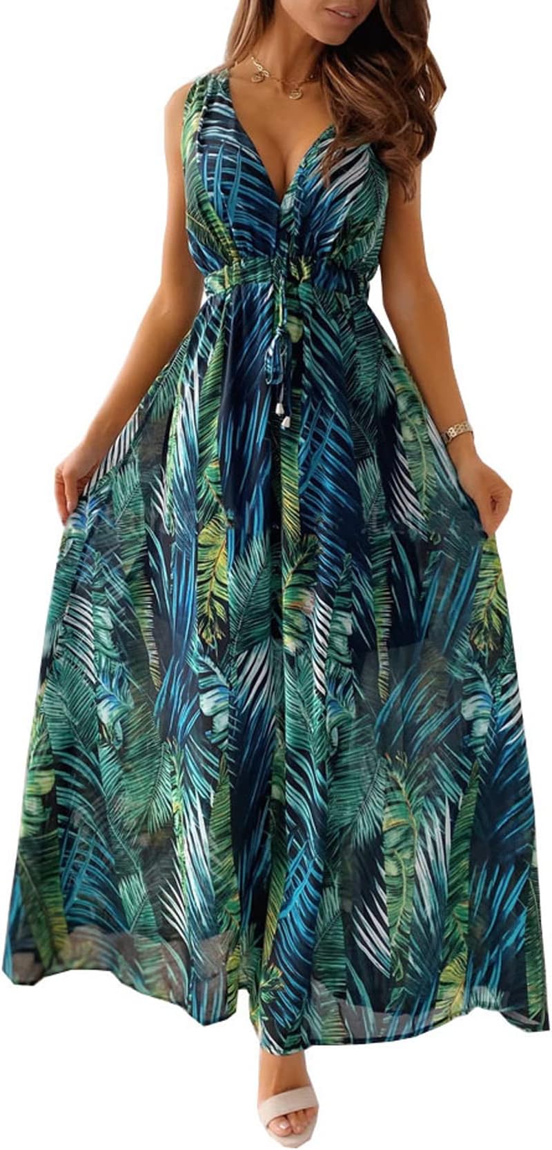 Maxi Dresses for Women Summer Beach Floral Dress V Neck Sleeveless