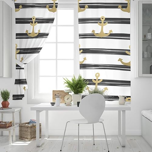 Miniatura 4 de Cortinas opacas con aislamiento térmico, diseño náutico con anclaje y rayas blancas y negras, con ojales de metal, cortina elegante para habitación,
