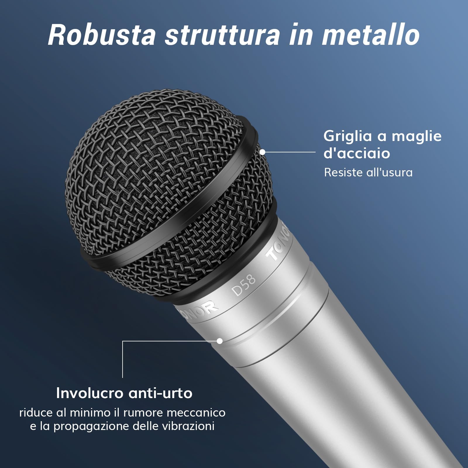 TONOR Microfono dinamico per voce cardioide, microfono cablato XLR con filtro anti-pop integrato e griglia a rete sferica, microfono portatile con riduzione del rumore, canto, palco, live, D58 Argento