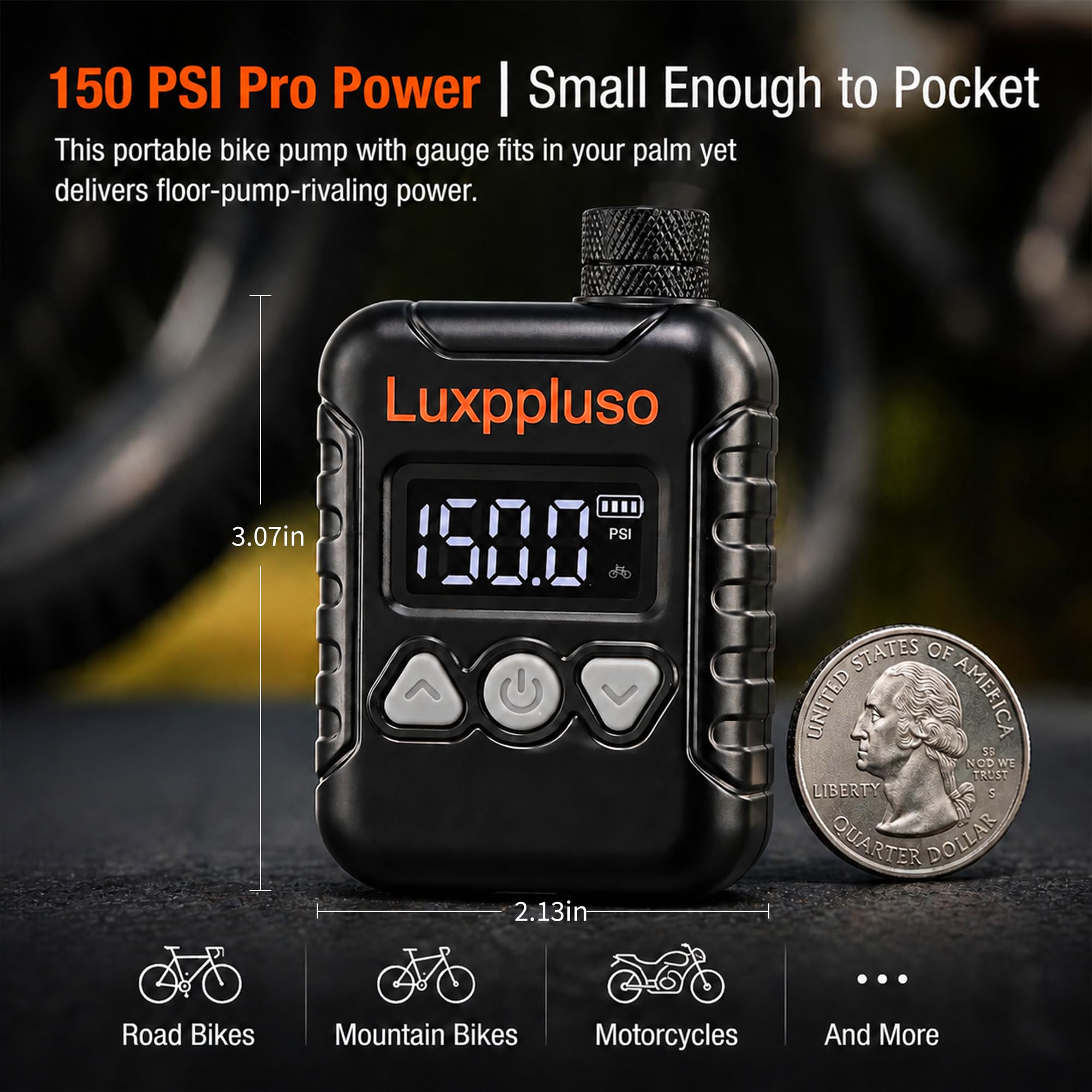 Mini pompe à vélo, pompe à vélo 150 PSI avec jauge avec protection contre la surchauffe, pompe à air électrique avec valve Presta et Schrader pour tous les types de vélos, pneus de vélo électriques et