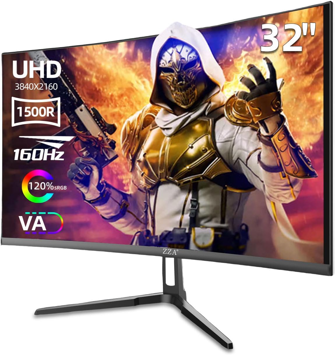 ZZA 32″ Curved Gaming Monitor, 4K UHD (3840 x 2160) VA Display, 1500R Immersion, 144Hz/160Hz Refresh Rate, Advanced Computer Screen, Supports AMD FreeSync Premium, 120% sRGB Color Gamut,HDMI 2.1/DP1.4
