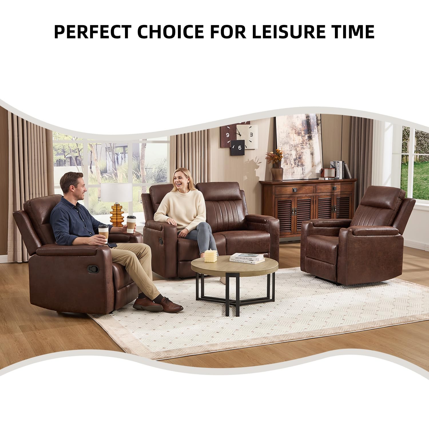 Faux Leather Recliner Sofa Set 2 Chairs 58 Loveseat Cup Holder Storage Red Brown image 2