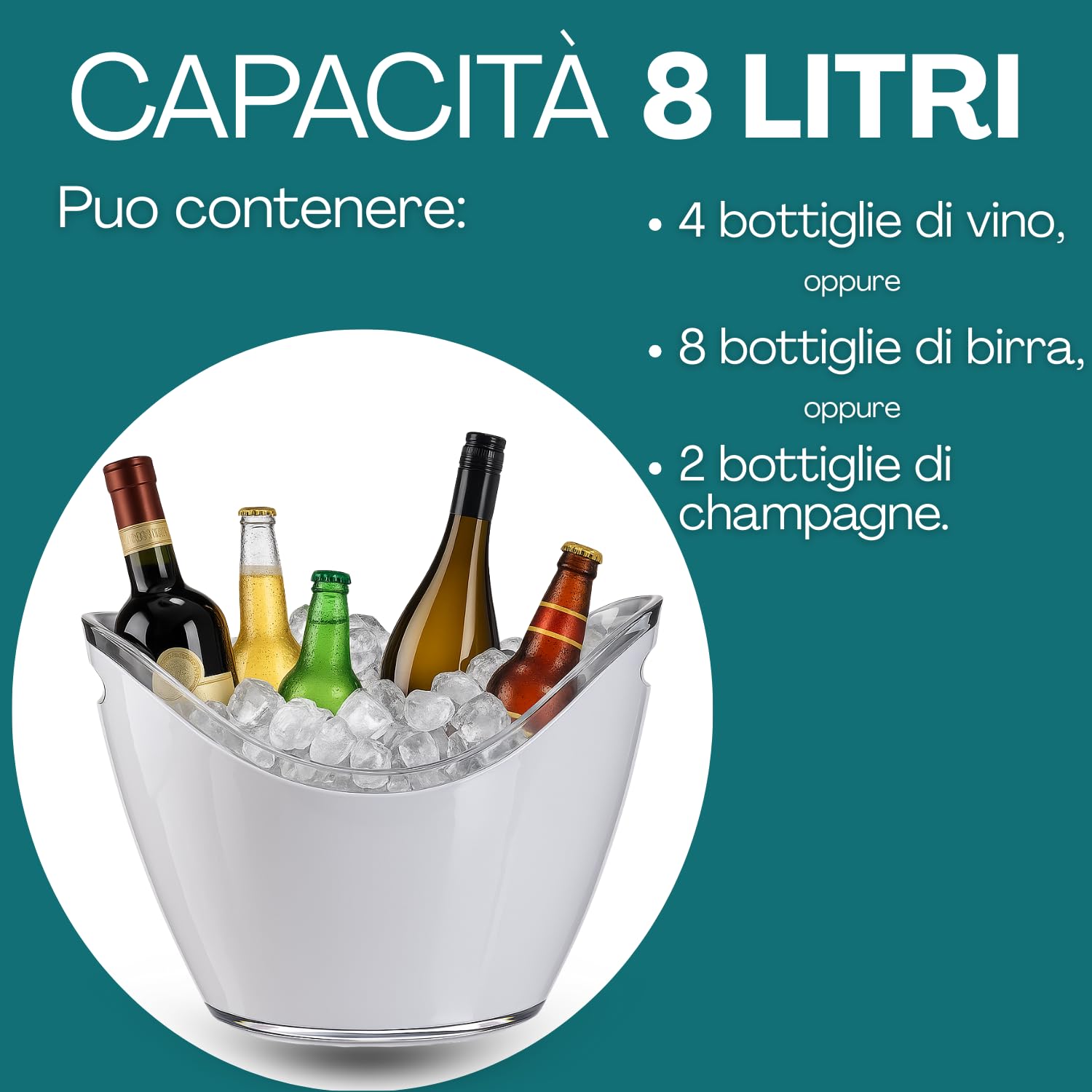 Virsus Secchiello Portaghiaccio Ovale 90096, misura 34,5x26x24 cm, capacità 8 Lt, secchio in plastica per ghiaccio, 2 Maniglie, secchiello per bottiglie Vini, Champagne per feste ed eventi -C (Bianco)