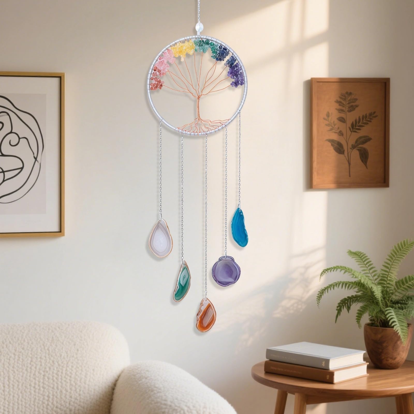 Traumfänger Wanddeko, Regenbogen Lebensbaum Kristallkunst, 60 cm handgefertigter Anhänger mit Achat und siebenfarbigen Steinen, Deko für Schlafzimmer und Wohnzimmer