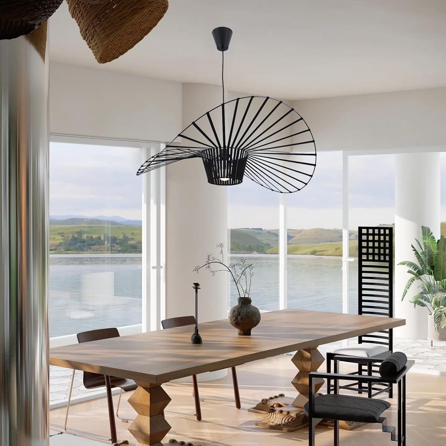 Modern Black Woven Chandelier, 31.5" Farmhouse Coastal Hat Pendant Light Fixtures Matte Black Handwoven Shade Boho Pendant Hanging Lamp for Kitchen Dining Room Bedroom Foyer Hallway