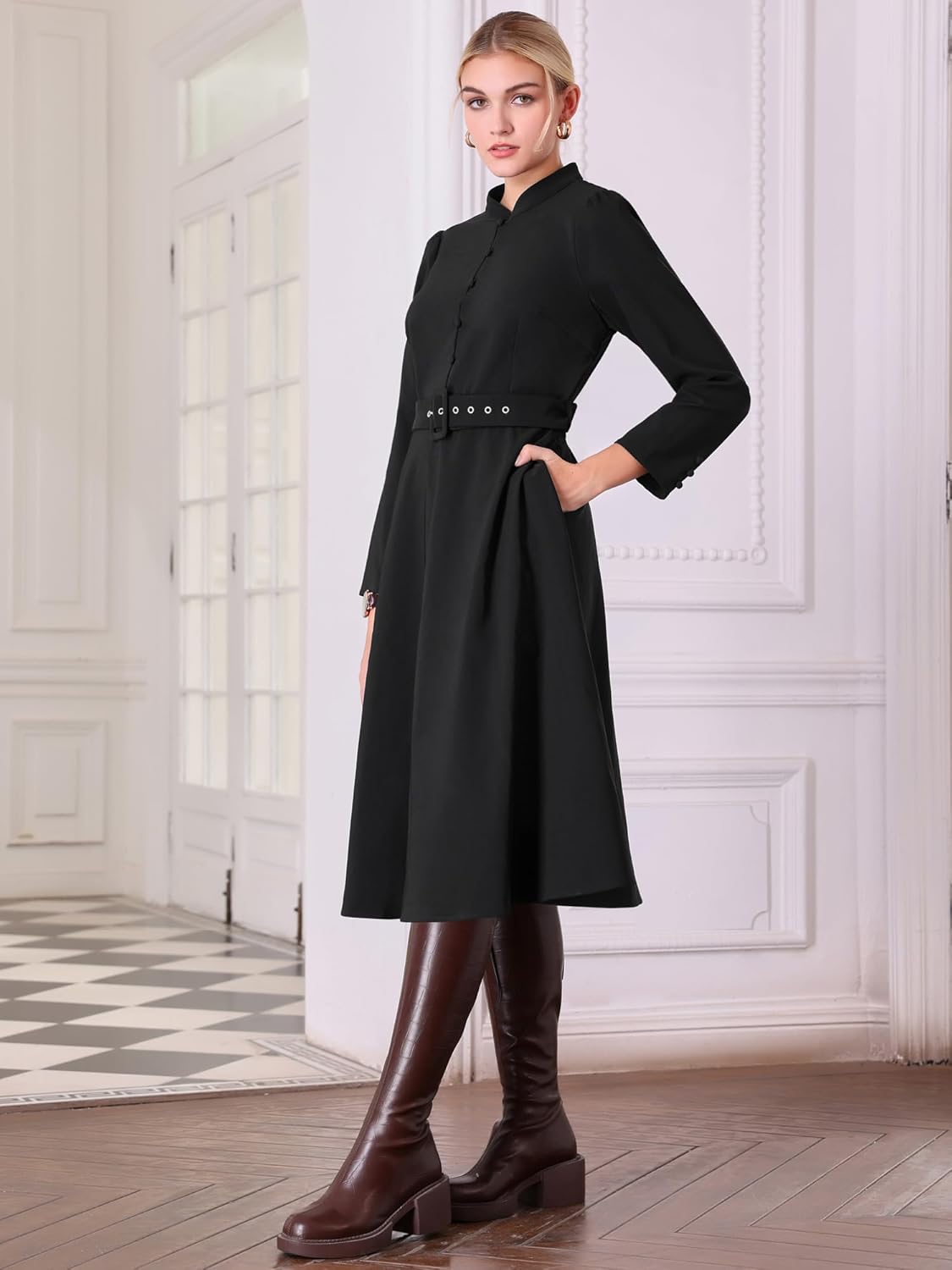 Women's A-Line Church Dress Long Sleeve Mock Neck 2025 Fall Vintage Work Flare Dresses