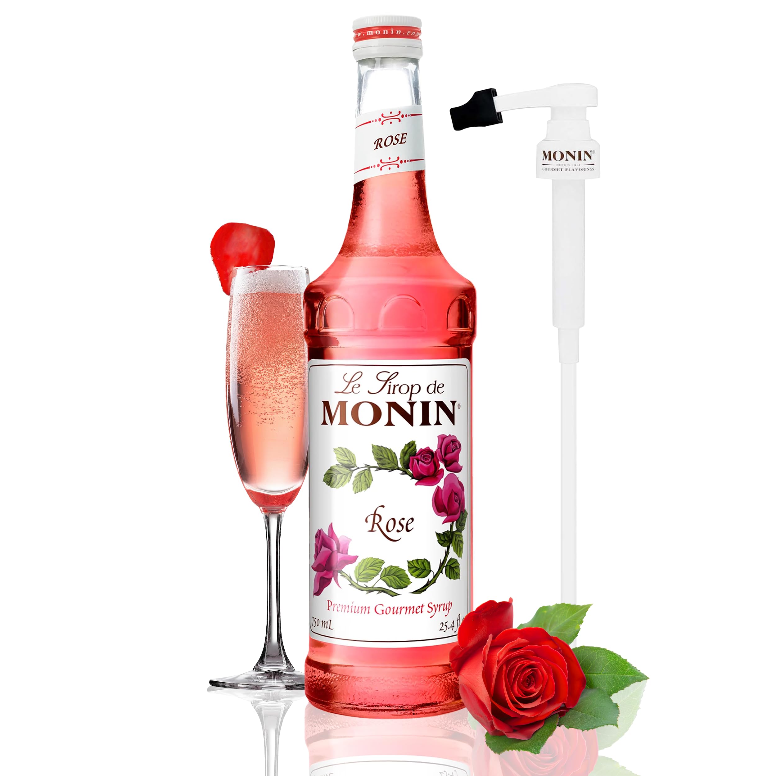 Monin - Rose Syrup with Monin BPA Free Pump, Boxed, Elegant and Subtle, Great for Cocktails, Mocktails, and Soda, Gluten-Free, Non-GMO (750 ml)