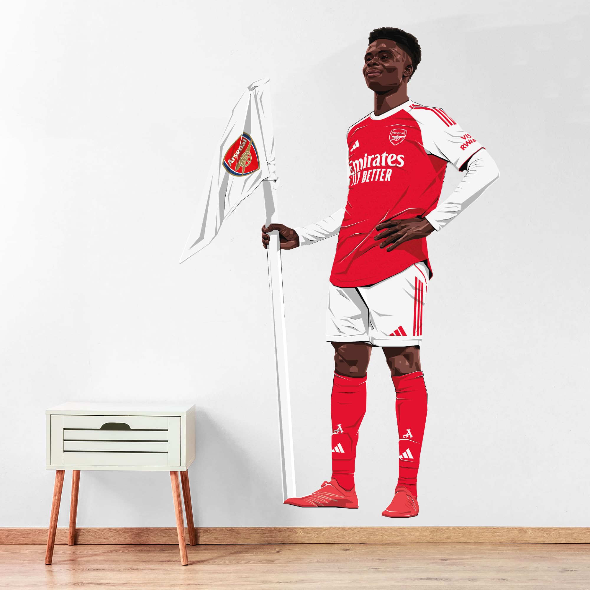 Themed Arsenal FC Wall Sticker - Bukayo Saka 25-26 Illustration + AFC Decals (60cm height x 40cm width)