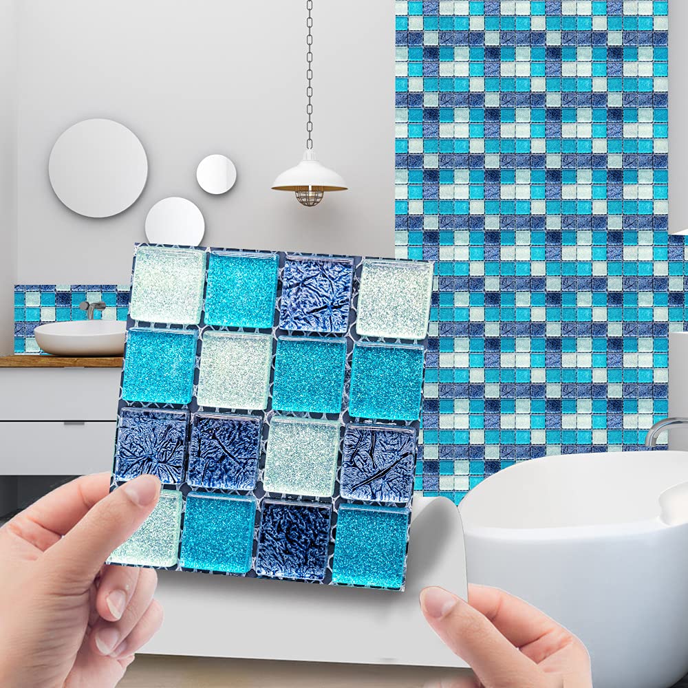 Hiseng 30pcs Wall Tile Stickers, Hiser Retro Mosaic Style Square Waterproof Marble Decals Sticker for Kitchen Living Room Bathroom Home Floor DIY Decor Self-Adhesive 10x10cm (blue)