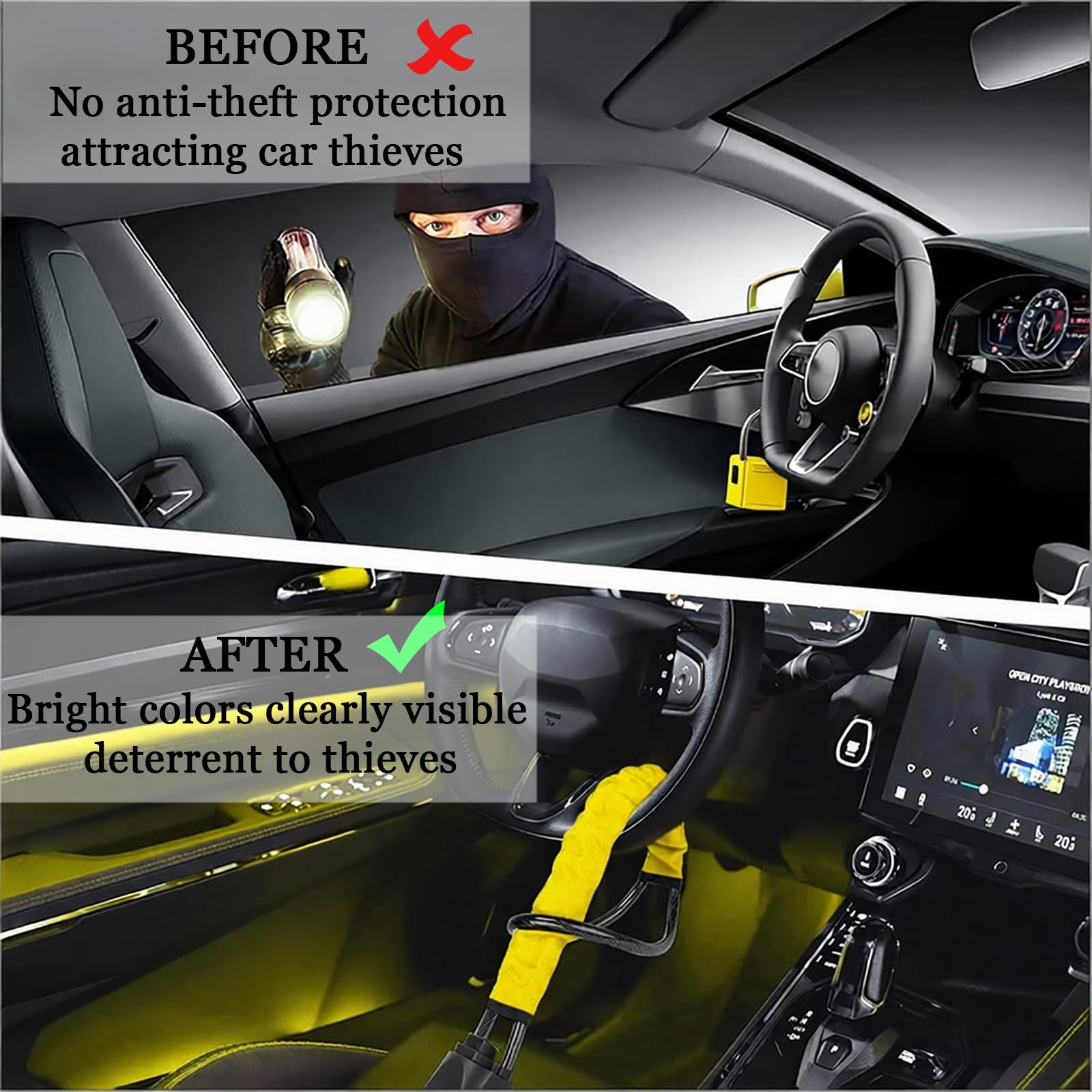 Steering Wheel Lock with 3 Keys,Seat Belt Lock High Visibility Car Locks Cut Resistance Anti-Theft Device Universal Steering Wheel to Seat Belt Locks for Cars SUV Van Golf RVs Cart Truck (Yellow) — view 5
