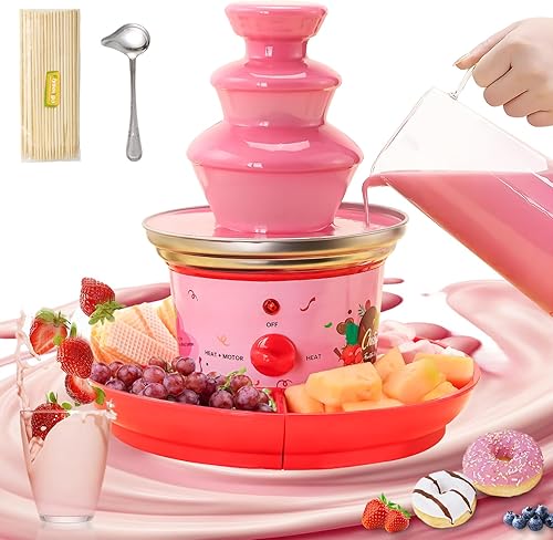 Flyseago Mini máquina de fuente de chocolate de 3 niveles, fuente de fondue de 16 onzas con bandeja extraíble para servir y brochetas desechables,