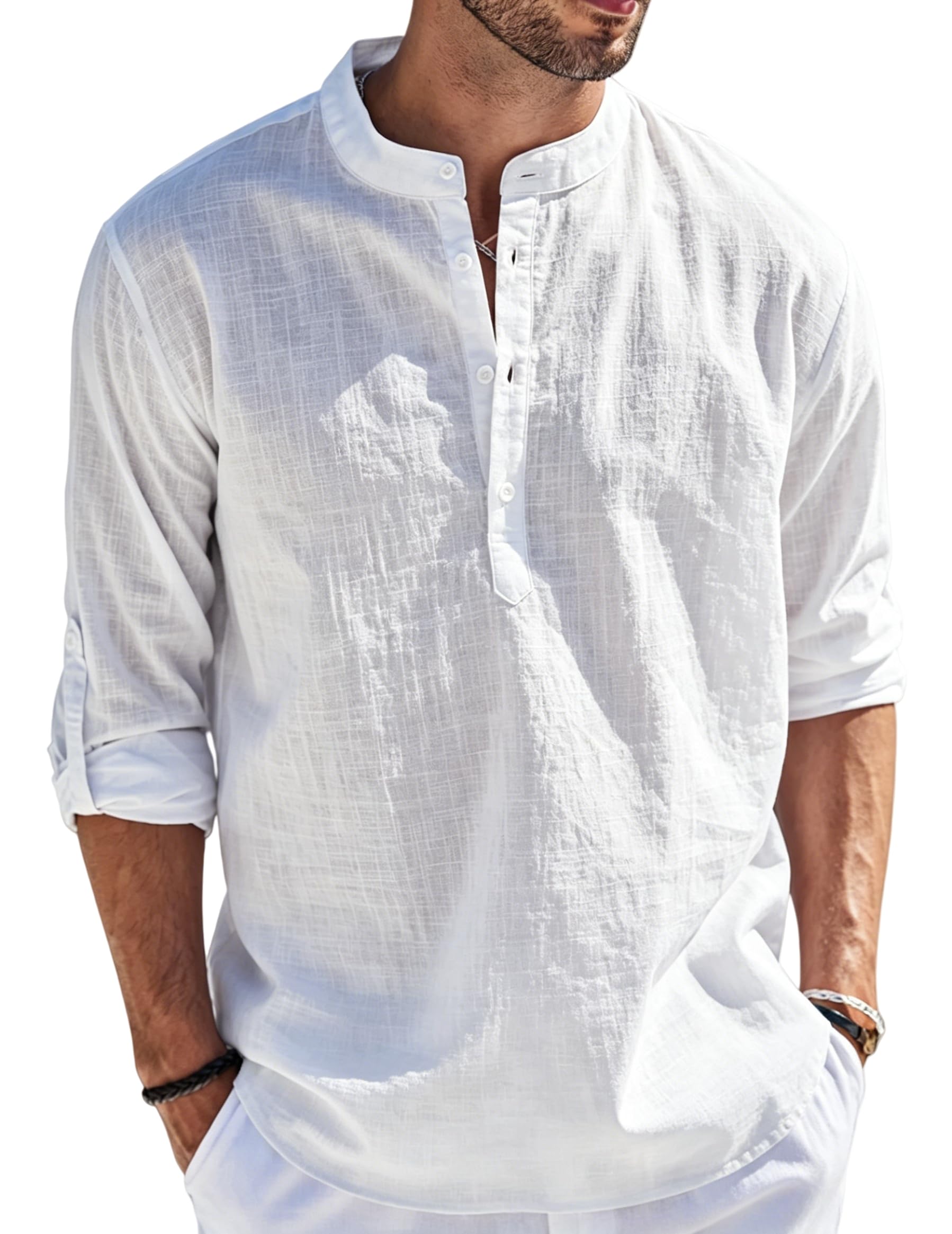 Cegerne Camicia Lino Uomo Maniche Lunghe Estiva Leggera Traspirante Henley Casual Maglietta Casacca Vacanze Spiaggia