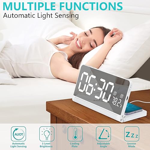 Miniatura 3 de Reloj despertador digital con estación de carga inalámbrica para dormitorio, adultos y adolescentes, reloj despertador regulable con función de