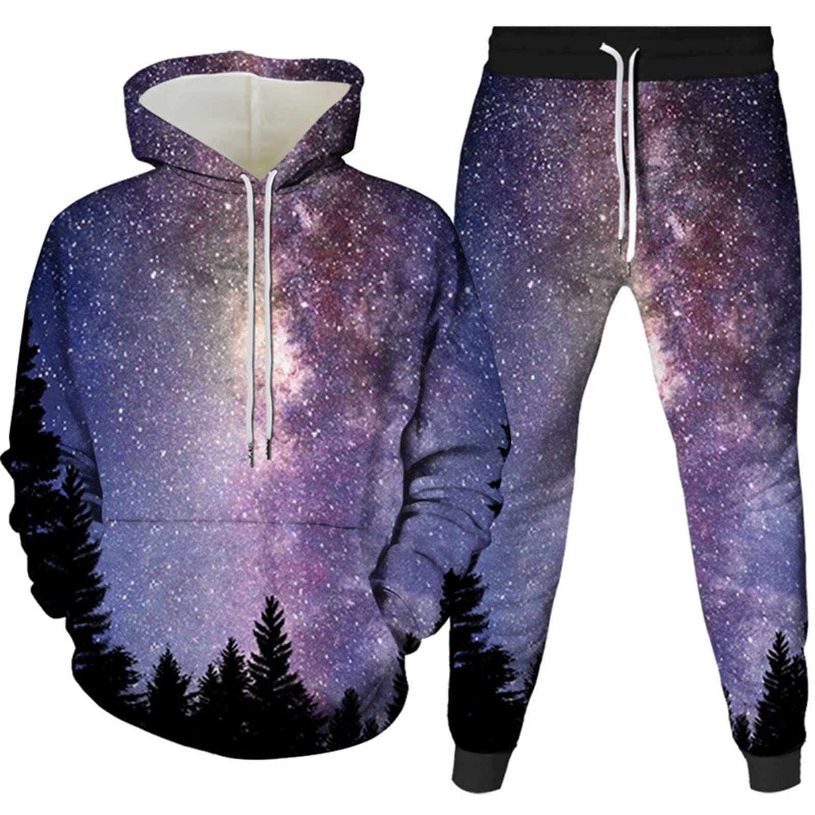 Tuta Uomini Autunno Stampa Digitale 3D Bella Cielo Stellato Felpa Con Cappuccio + Pantaloni 2 Set Di Moda Per Il Tempo Libero, 3, XXXXXXL
