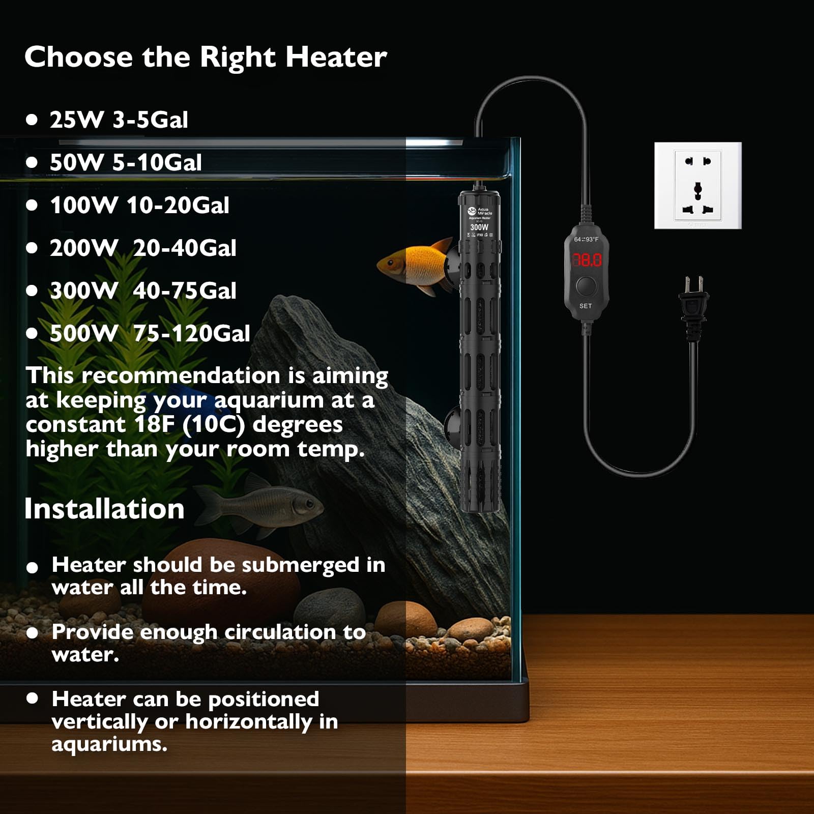 AquaMiracle Riscaldatore sommergibile per acquario, 300 W, con display digitale a LED della temperatura, spegnimento automatico a secco e protezione contro il surriscaldamento, per serbatoi d'acqua