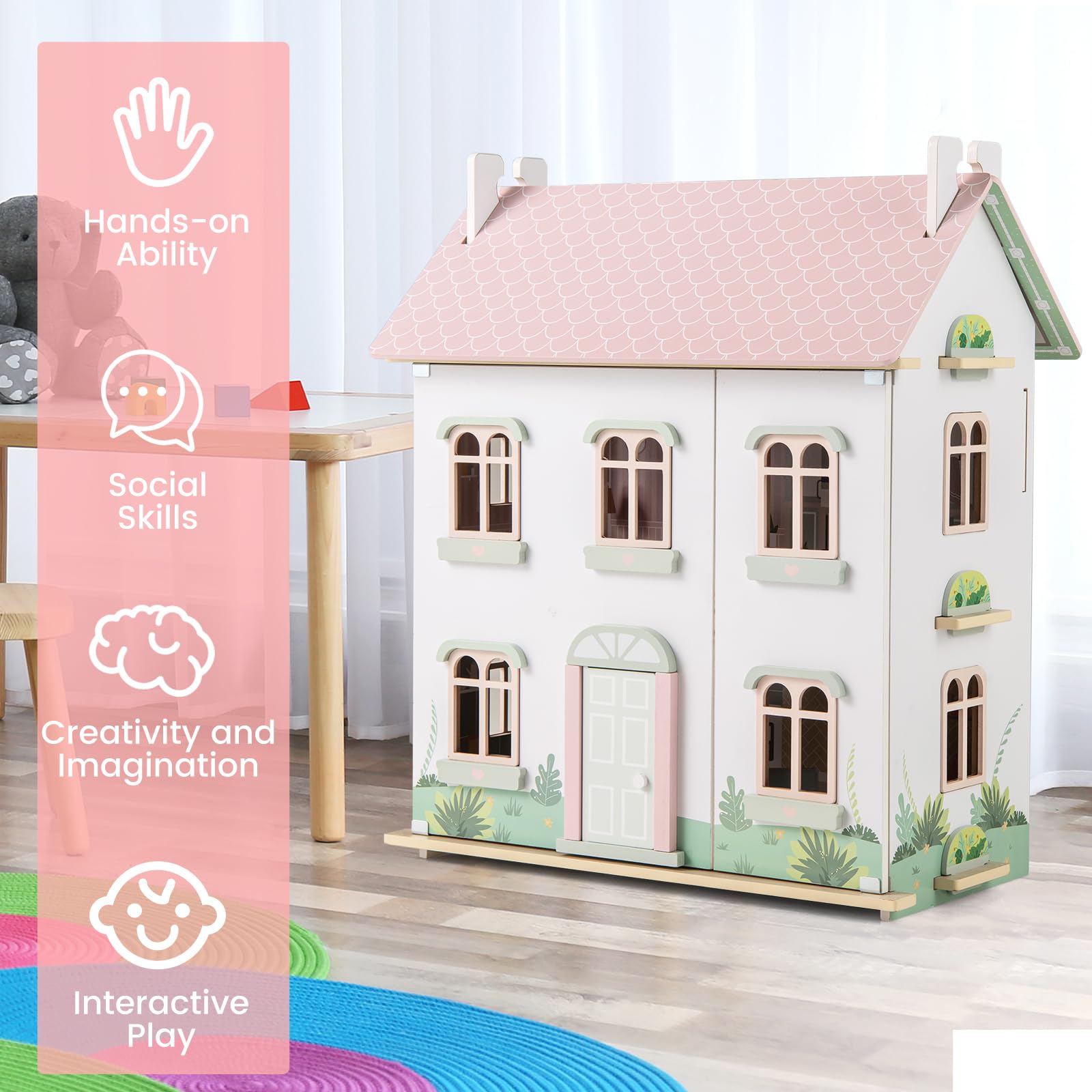 HOMASIS Casa delle Bambole per Bambini a 3 Piani, Casa da Sogno per Bambole in Legno con Mobili, Accessori, Tetti a Doppia Faccia, Villa delle Bambole di 3+ Anni, 55 x 33,5 x 66 cm, Rosa