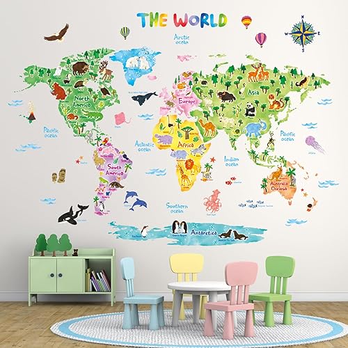 Miniatura 3 de DECOWALL DLT-1615 - Calcomanías de pared para niños diseño de mapa mundial de animales calcomanías de pared extraíbles para niños guardería