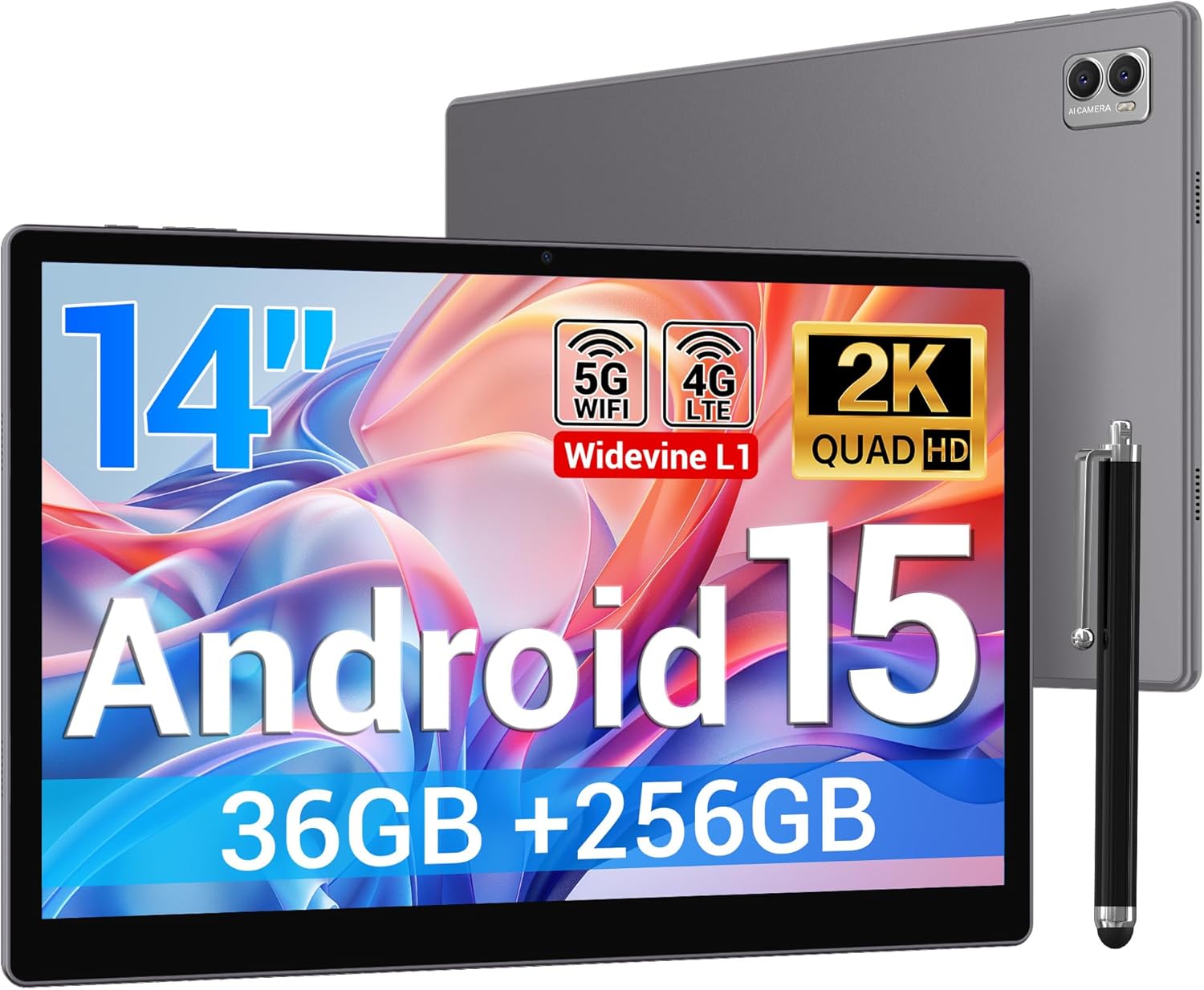 Tablet 14 Pollici Android 15 Tablet in Offerta,Octa Core,20W/11580mAh,36GB RAM+256GB ROM,2000 * 1200 incell FHD+,Foto AI 16MP+8MP, TÜV, GPS, Gemini AI,Face ID/GPS/BT 5.0/TÜV/USB-C,Grigio
