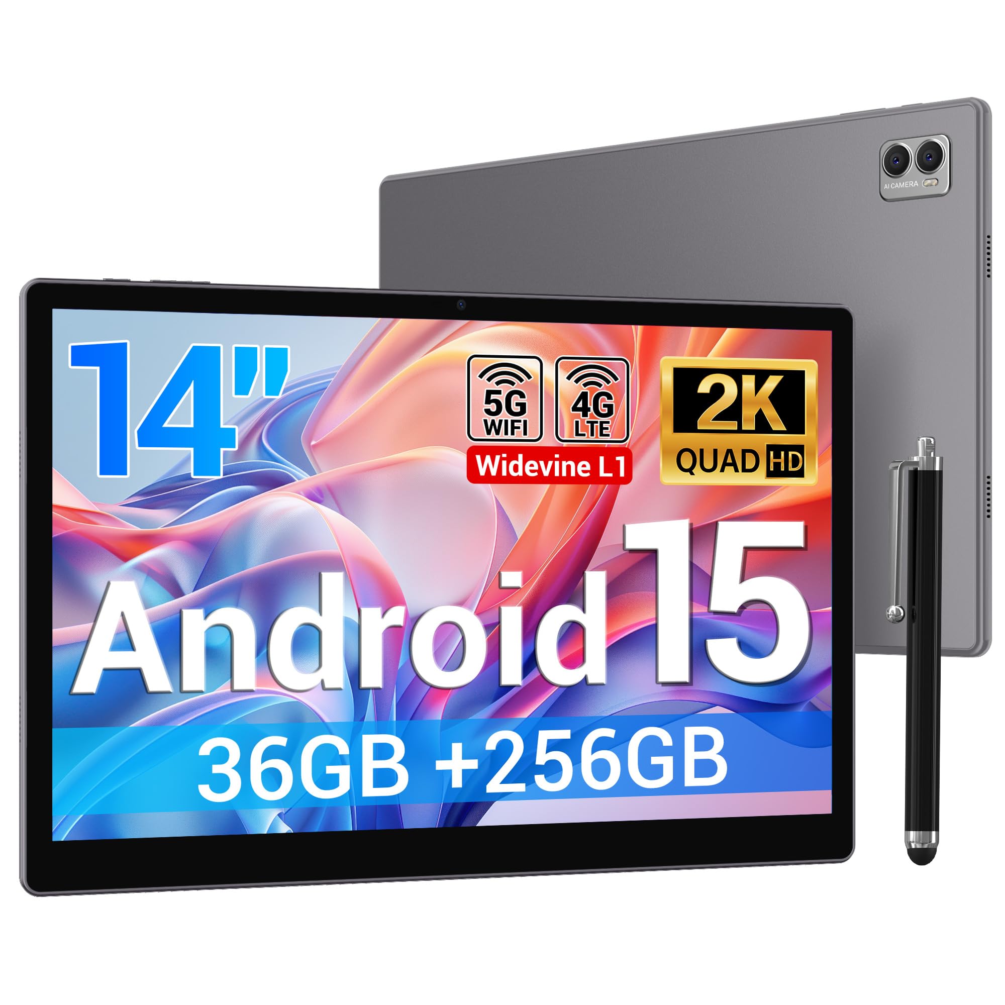 BEYNIVAN Tablet 14 Pollici Android 15 Tablet in Offerta,Octa Core,20W/11580mAh,36GB RAM+256GB ROM,2000 * 1200 incell FHD+,Foto AI 16MP+8MP, TÜV, GPS, Gemini AI,Face ID/GPS/BT 5.0/TÜV/USB-C,Grigio