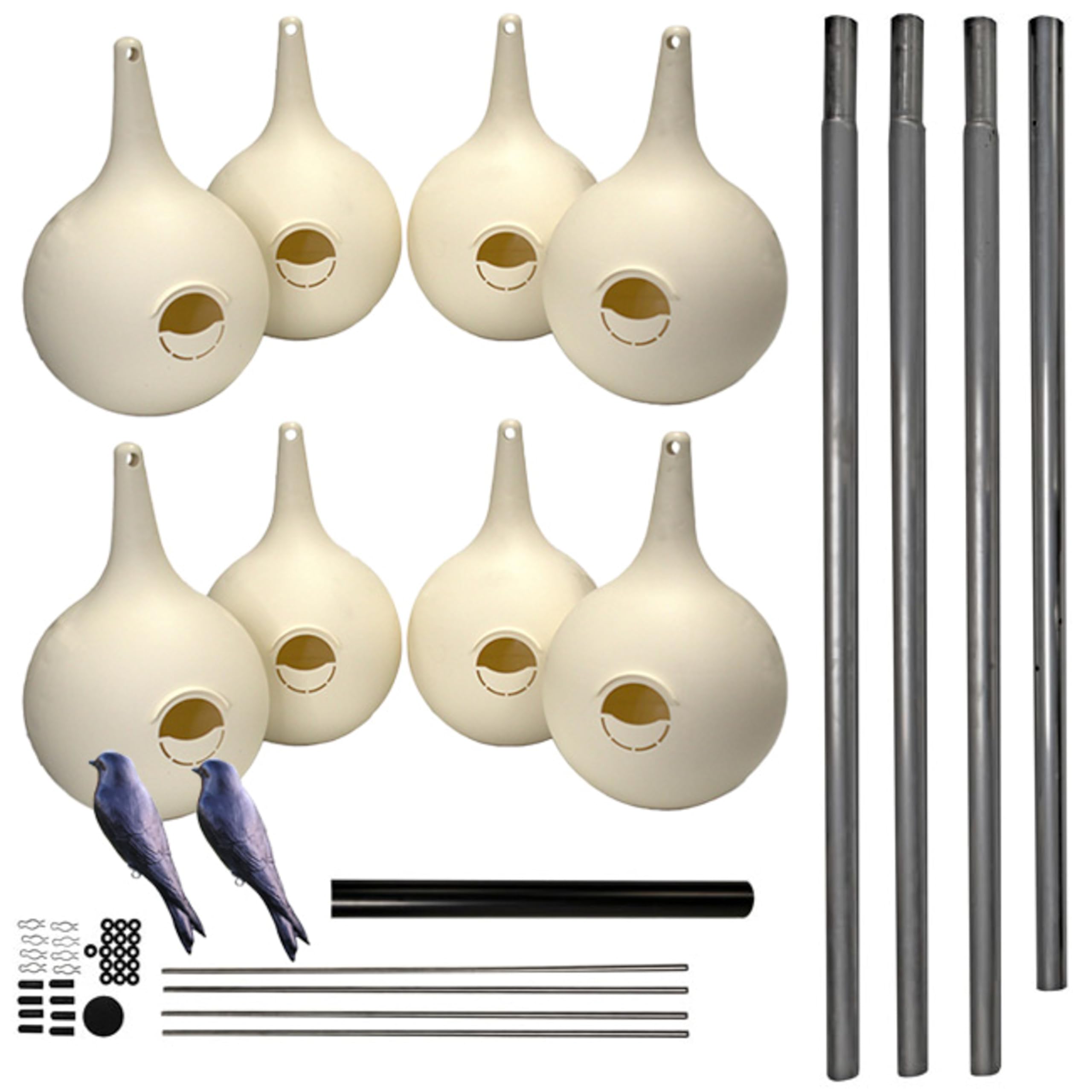 Two-Piece Martin Gourds and Pole, 4 Over 4, by Prime Retreat – 8 Gourd Birdhouses with Pole, Ground Socket & Decoys