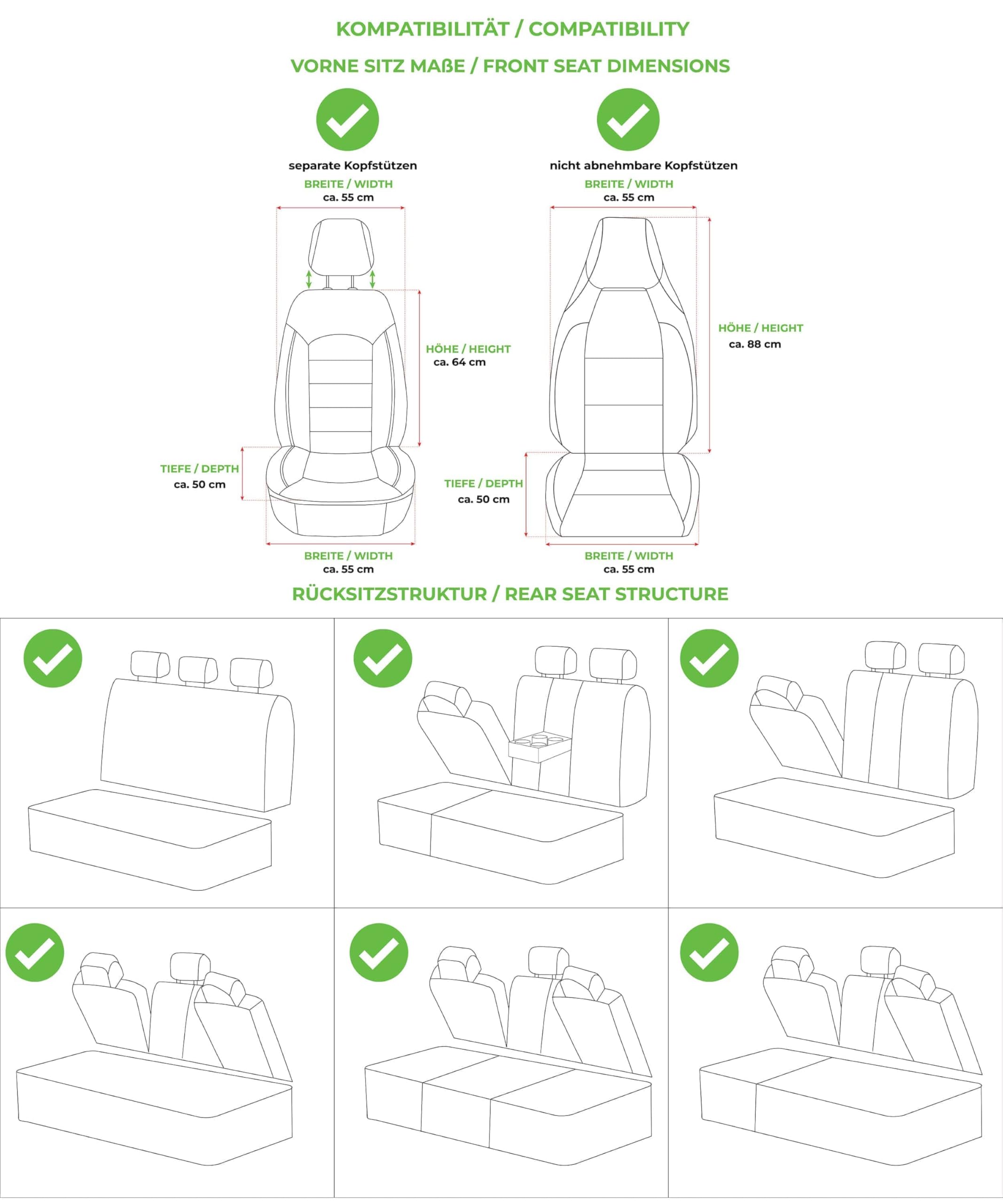 Universal Autositzauflage Sitzmatte 5-teilig in Schwarz – Autositzbezüge Universal für PKW & SUV – Premium Schonbezüge Komplettset, für Vorder- und Rücksitze