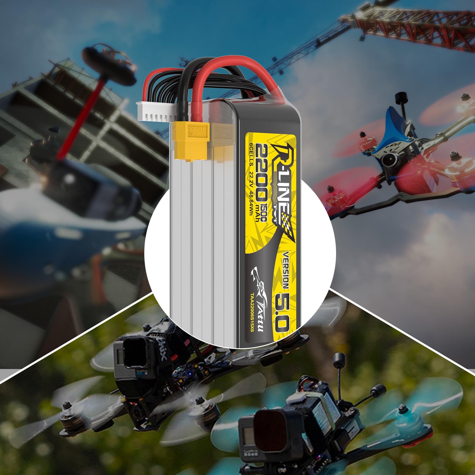 Akumulator TATTU 6S 22,2V 2200mAh 150C LiPo R-Line Wersja 5.0 z wtyką XT60U-F, profesjonalny akumulator wyścigowy do FPV dronów i 7-calowych wyścigówek