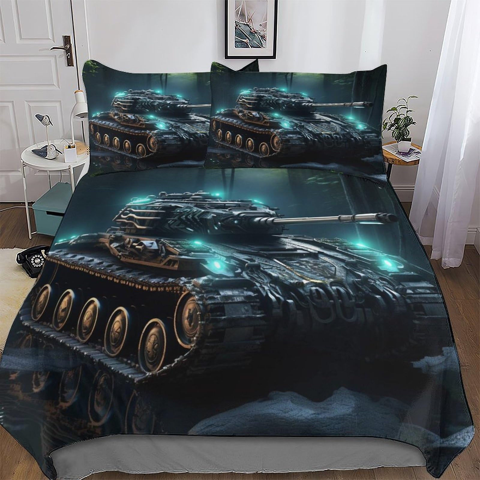 Pazzk Boys Tank 3D Comforter Cover Set - Brushed Microfibre Bedding Set Duvet Cover With Pillowcases, Soft Poly Cotton Quilt Cover 3 Pcs For Girls And Teenagers Double (200X200cm)