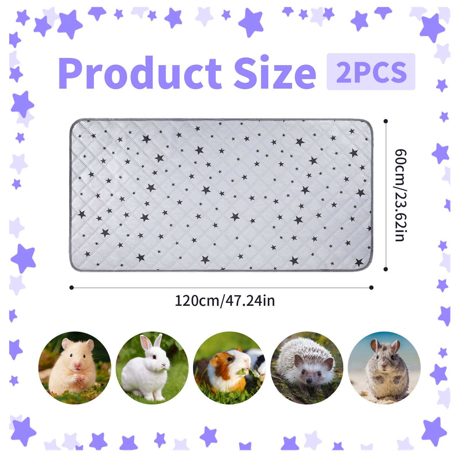 2 Stück 60x120cm Meerschweinchen Unterlage Waschbar, Pipipads Meerschweinchen, Grau Stern, wasserdichte Super Saugfähige Wiederverwendbare Kleintiermatten für Käfig Auslauf