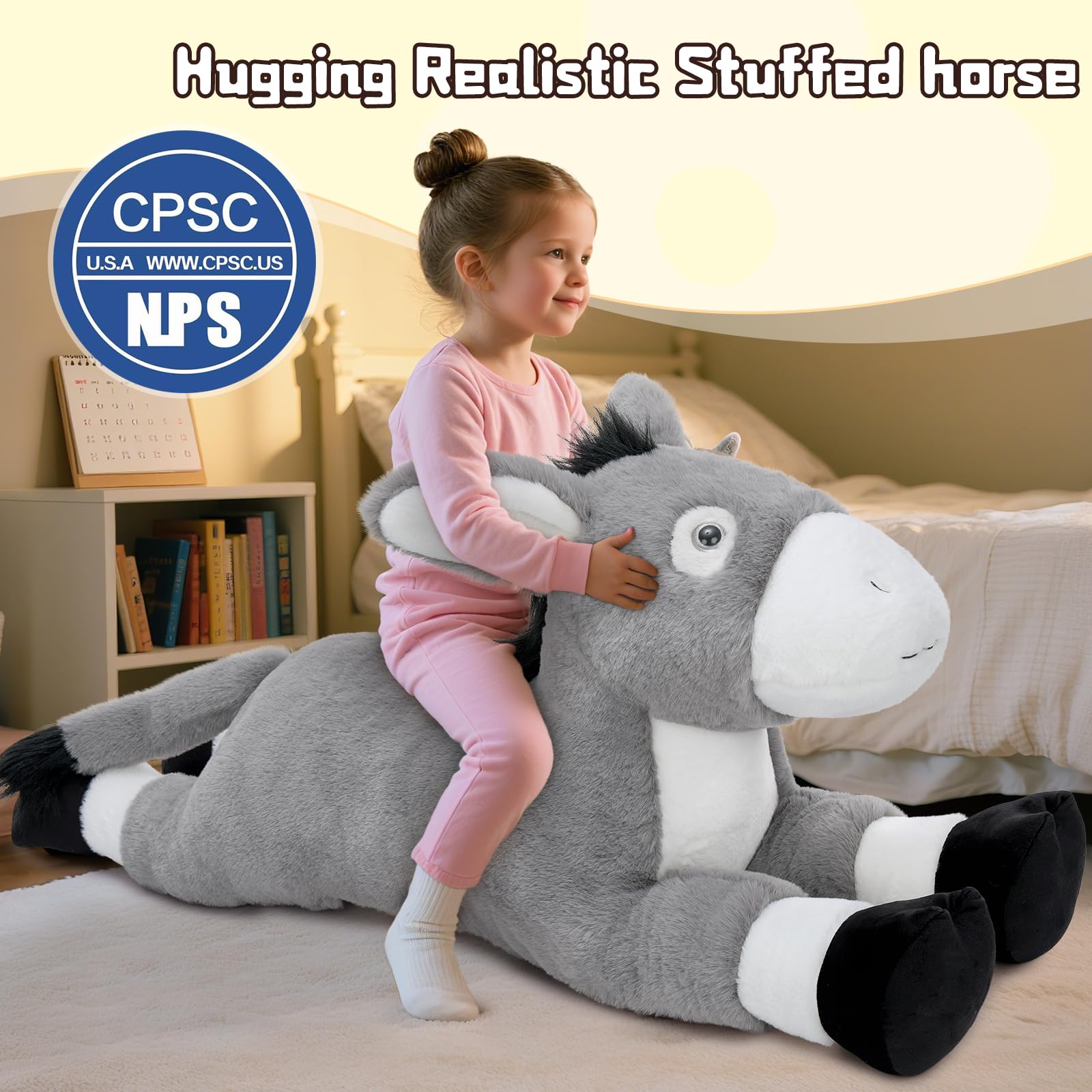 KERTA 43.3inch Giant Donkey Stuffed Animal, Hugging Soft Stuffed Donkey Plush Body Pillow, Realistic Large Farm Animal Plush Toy Gift for Kids 3