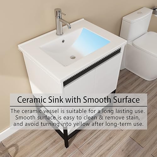 Miniatura 5 de walsport Juego de tocador de baño de 24 pulgadas con lavabo, color blanco, diseño moderno, sin pomo, lavabo con grifo cromado, tocadores de baño