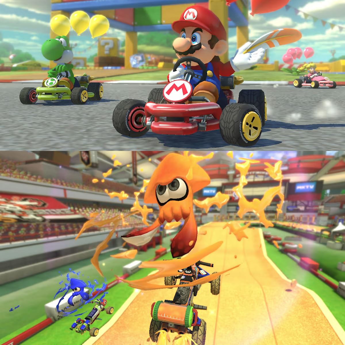 Mario Kart 8 Deluxe para Nintendo Switch, con controladores de volante PremGear Racing, empuñaduras de conducción para Joy-Con (paquete de 2), soporte para tarjetas de juego de 24 ranuras y paño de