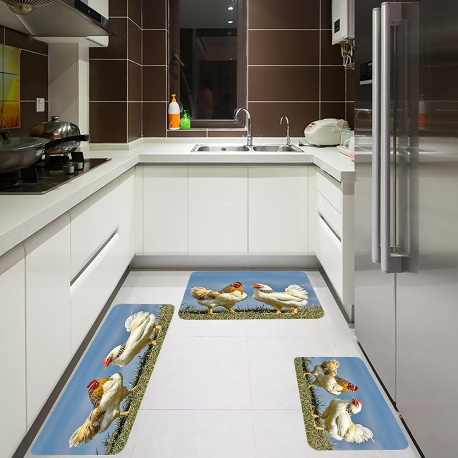 Animal Chickens Kitchen Mats for Floor 3PCS Waterproof Low-Profile Kitchen Rugs Floor Mat Non Slip Anti Fatigue Mats Comfort Standing Mat Runner Rug Area Rug 6"x24"+20"x31"+17"x47"