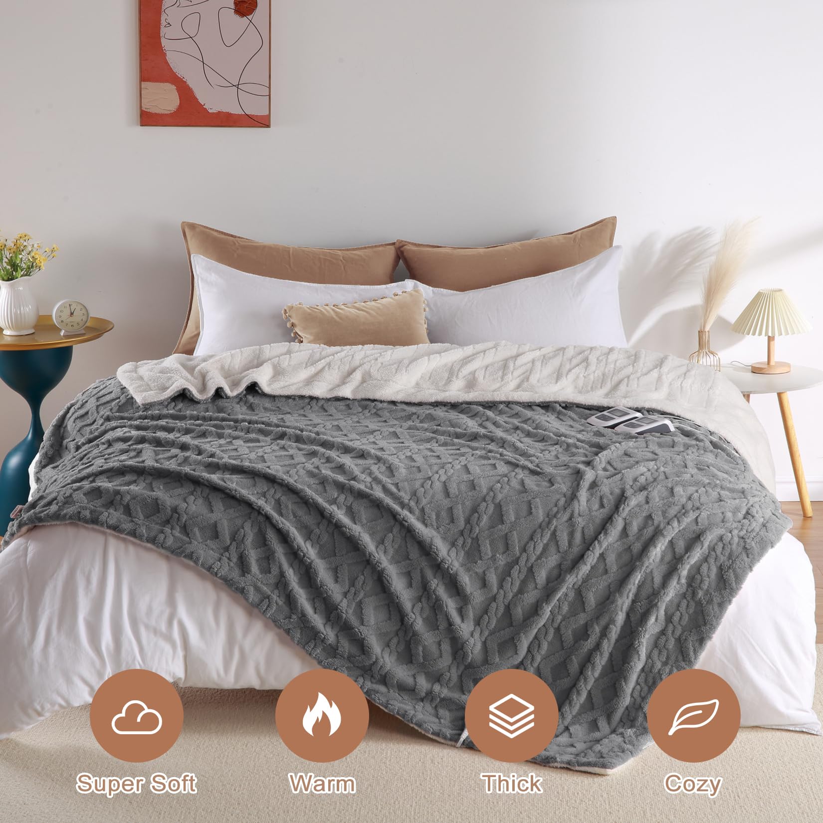 CAROMIO Electric Blanket King Size Dual Control - Thick Tufted Sherpa Heated Blanket King with 6 Heating Levels and 20 Time Settings, UL Certified Fast Heating Blanket King Size 90"×100", Grey