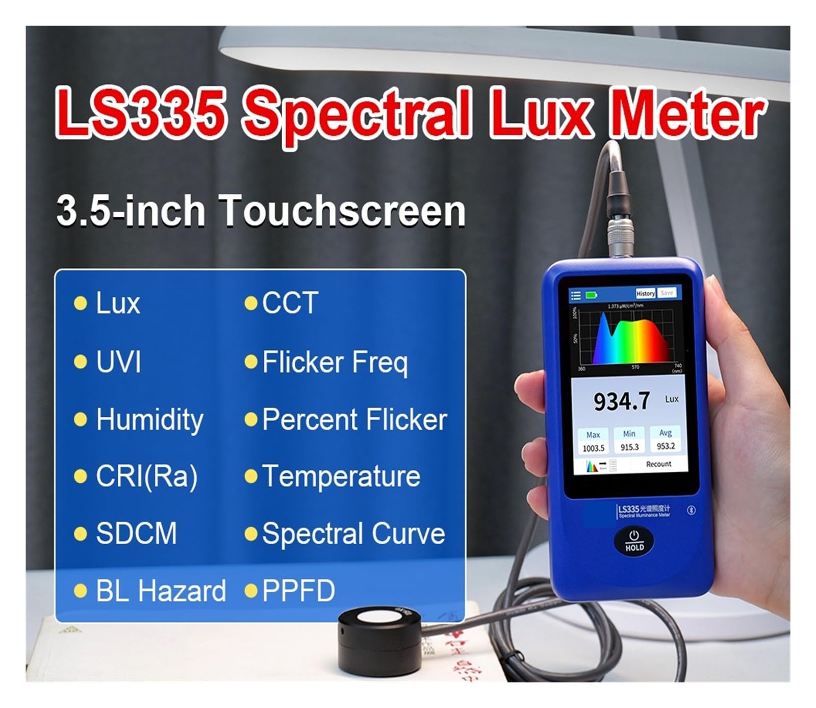 Spektrales Beleuchtungsstärkemessgerät LS335 mit einem Messbereich von bis zu 1.000.000 Lux | Zur Messung der Flicker-Farbtoleranz des UV-Index CCT CRI