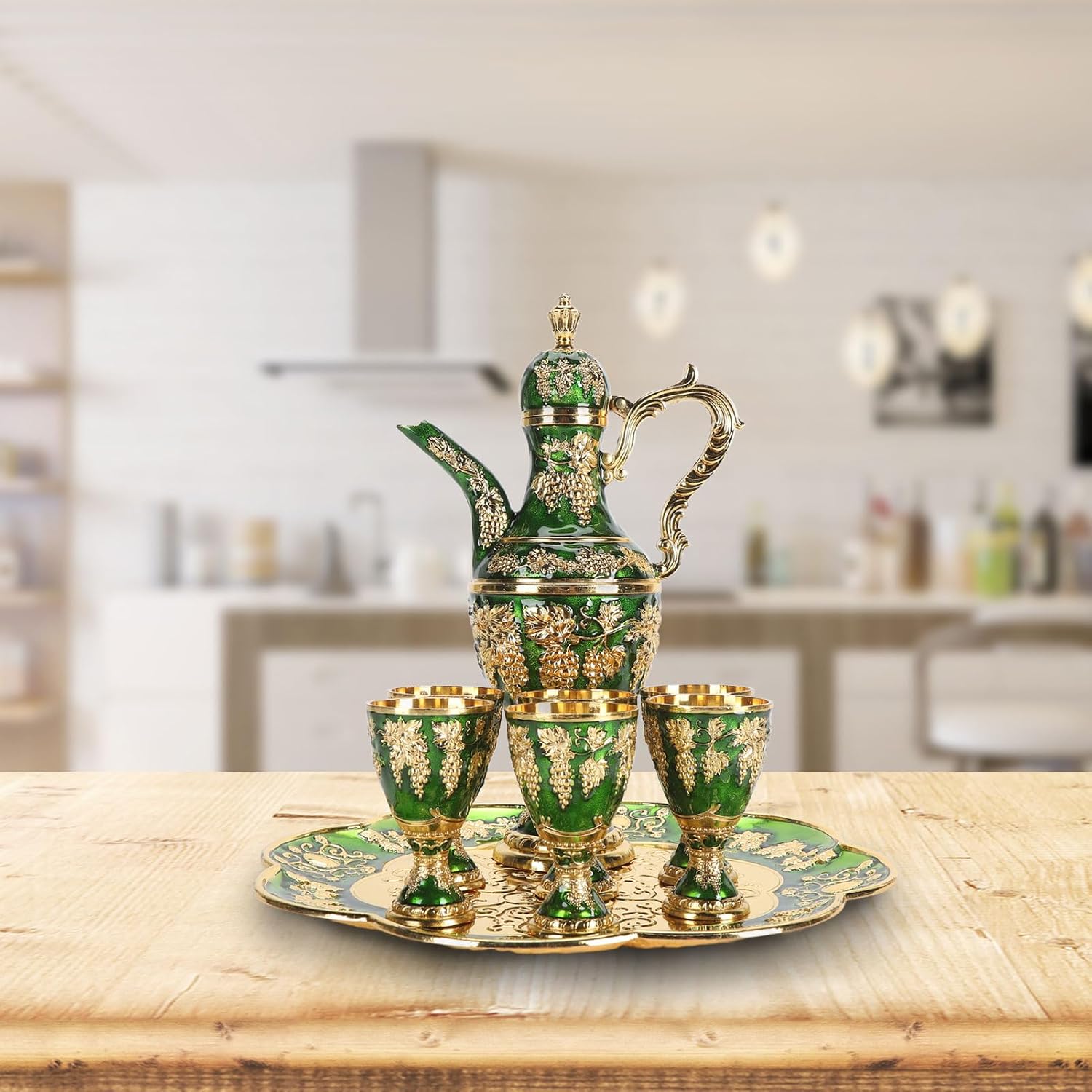 Fafeicy Vintage Metal Wine Pot Set Rustproof Zinc Alloy Coffee Pot Kit with 6 Cups and Tray for Party Banquet Home Decor (Gold Green)