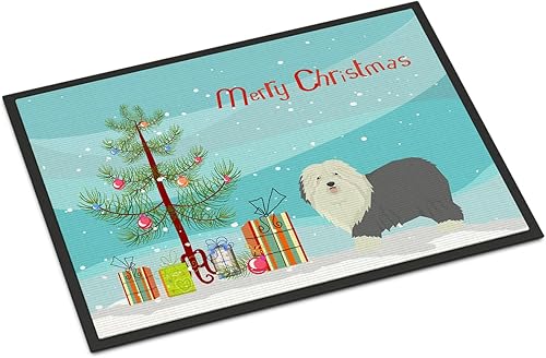 Caroline's Treasures CK3552JMAT - Felpudo de árbol de Navidad con diseño de perro pastor inglés antiguo, 24 x 36 pulgadas, tapete para puerta