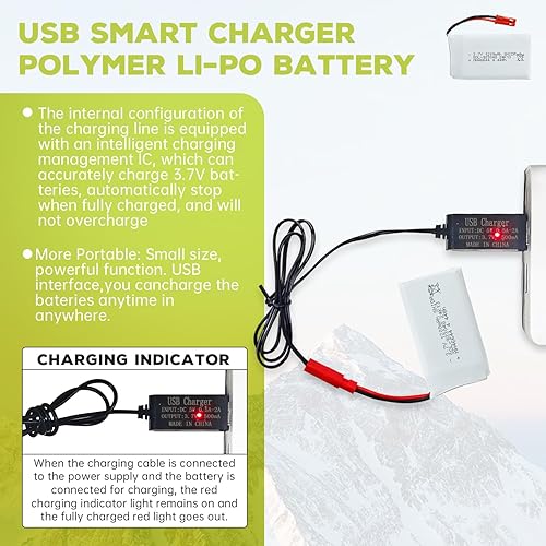 Miniatura 6 de Fytoo Batería Lipo de 3.7 V 1200 mAh 25C con cable de carga USB con enchufe JST para MJX T04 T05 T25 V2400HD V2450FPV V2450GPS X900 X9TW RC