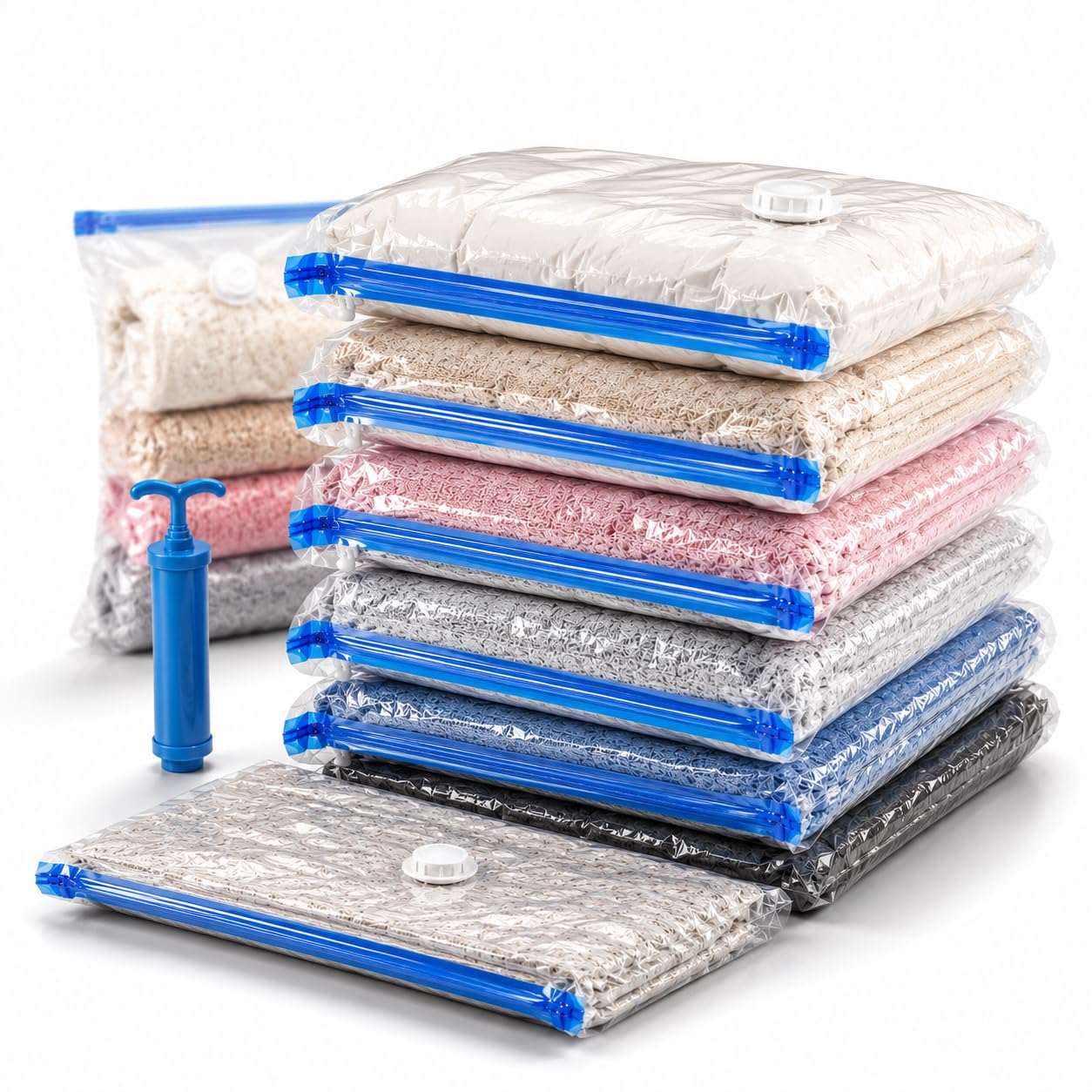 Vacuum compression Storage Space Saver Bags with Hand pump for Travel and Home Reusable Save 85% More Storage Space, work with vacuum cleaner & Hand pump (2xSmall, 2xMedium & 2xLarge) 6 Pack