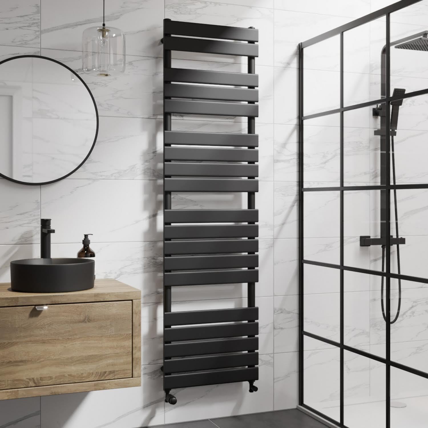 DuraTherm® 1800 x 500mm Flat Panel Heated Towel Rail Radiator Modern Central Heating Bathroom Warmer Wall Mounted Ladder Rad, Matt Black