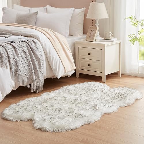 Alfombras de piel sintética para dormitorio, de 3 x 5 pies, antideslizantes, esponjosas, de alta densidad, ultra suaves, de color blanco y gris,