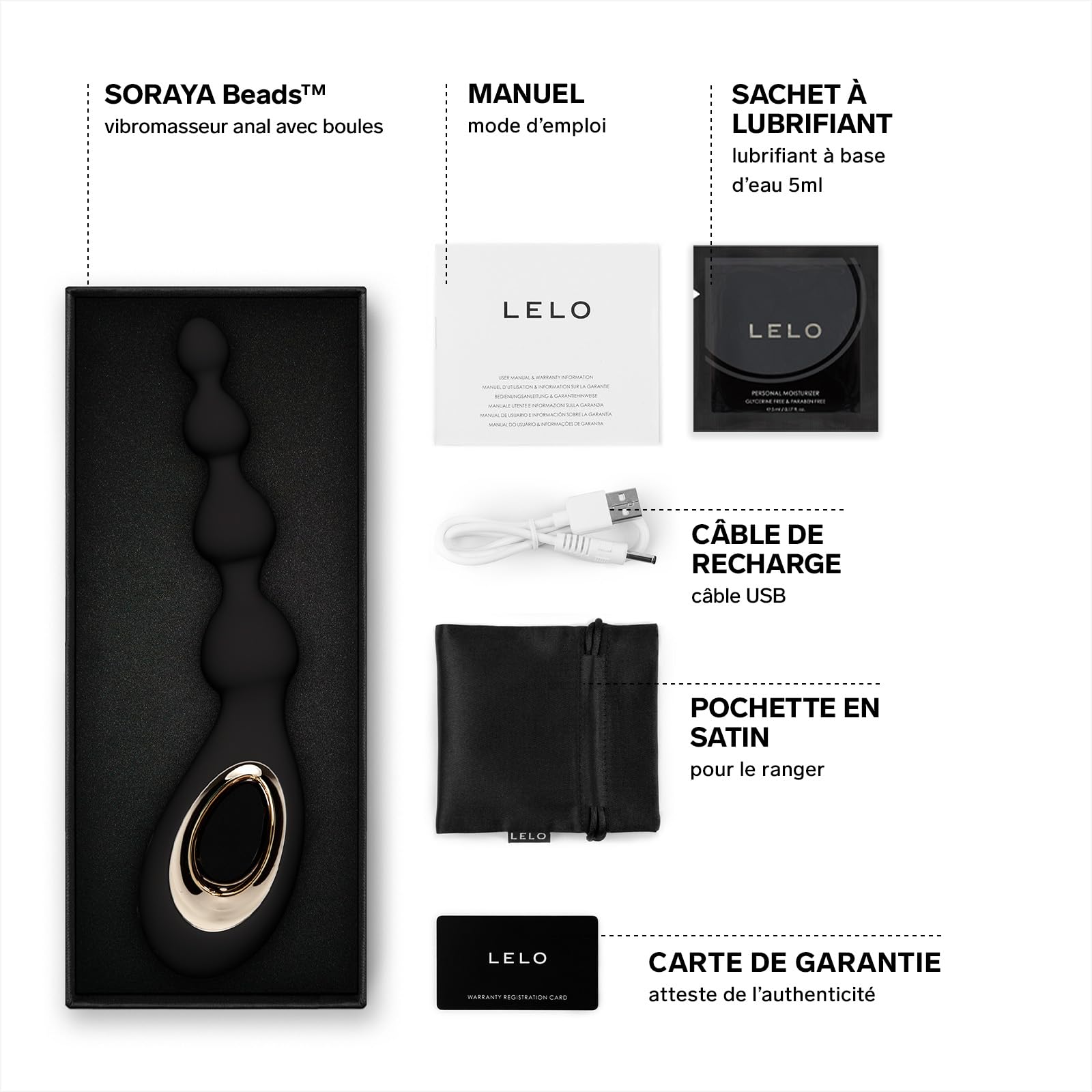 LELO SORAYA Beads Vibromasseur Anal avec Boules, Doté de la Technologie Bow-Motion et de 8 Modes de Plaisir, Perles Anales, Masseurs de Prostate, Black