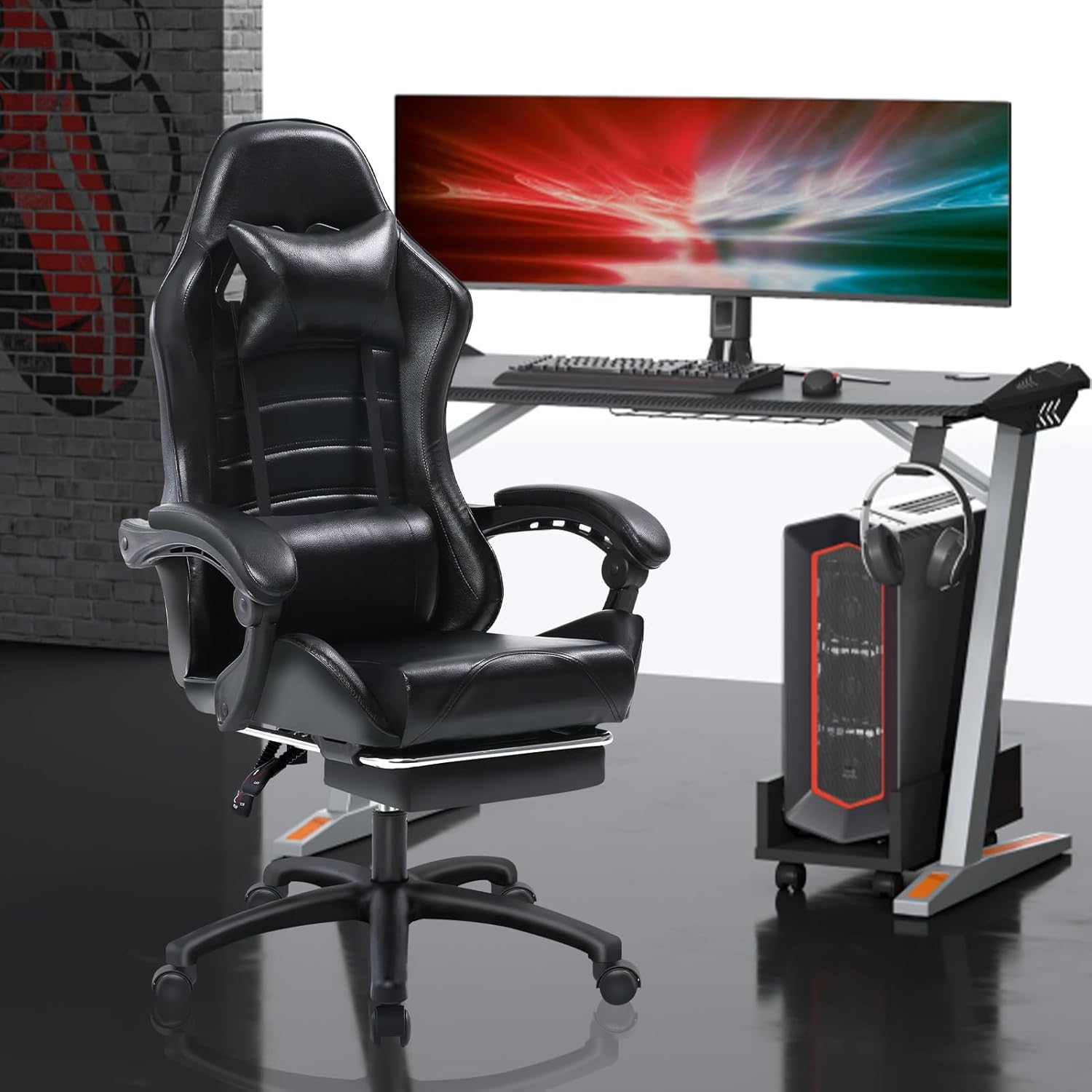 Ergonomic Racing Video Game Chair, PU Leather Electronic Gaming Chair with Footstool and Waist Support, Office Computer Chair, Black