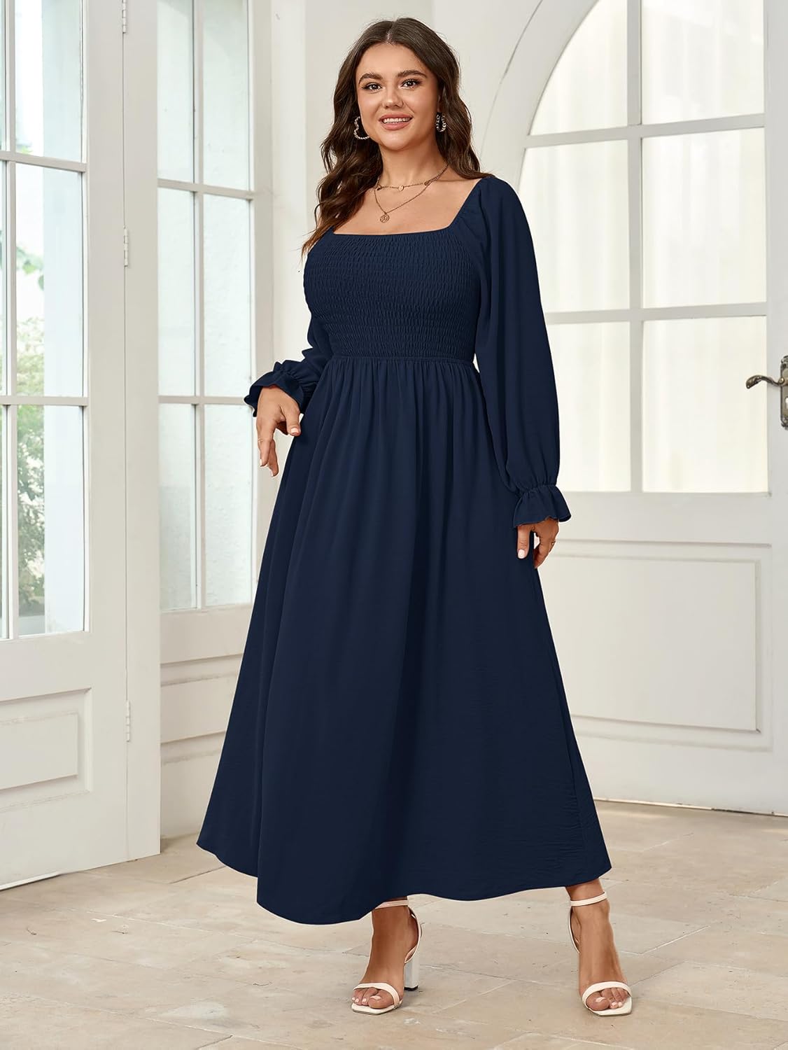 Women's Plus Size Maxi Dress Long Sleeve Square Neck Smocked Flowy A-Line Boho Wedding Party Maxi Dress - Image 6