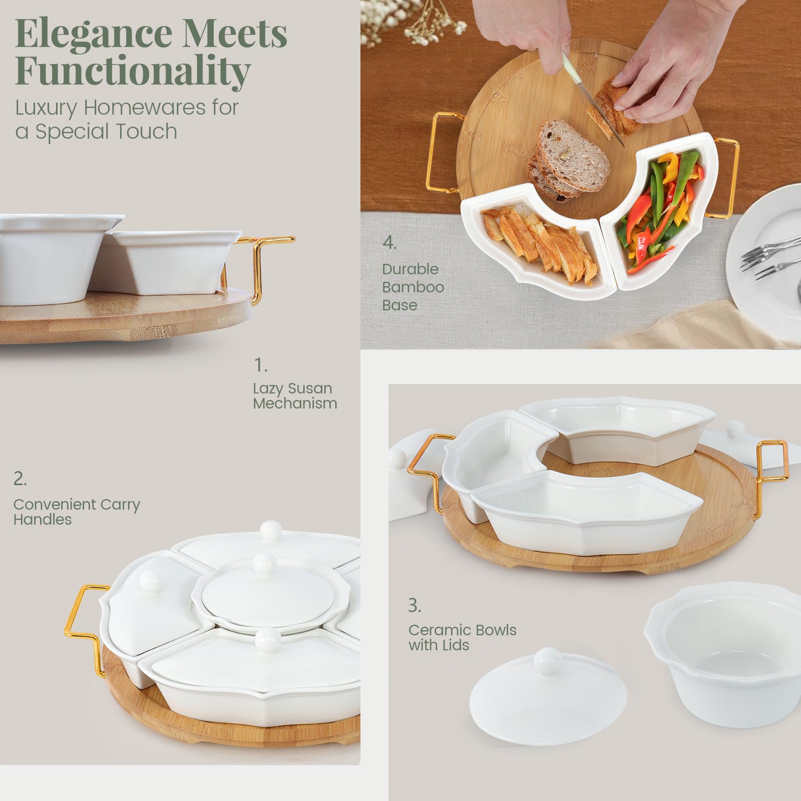PLAPITATE Bandejas y platos para servir fiestas, bandeja de cerámica para servir Lazy Susan con secciones divididas, bandeja giratoria para servir aperitivos, para frutas, verduras, patatas fritas y