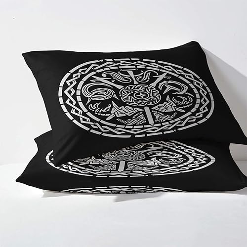 Miniatura 3 de Viking Sábanas tamaño King, sábanas de mitología nórdica, sábanas y fundas de almohada estampadas de 4 piezas, sábana bajera ajustable de microfibra