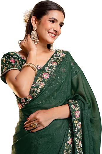 SIRIL Women's Shimmer Georgette Embroidery Saree with Unstitched Blouse Piece